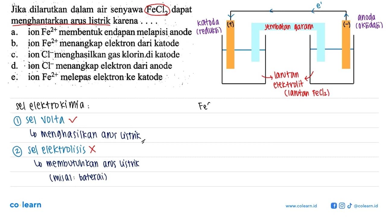 Jika dilarutkan dalam air senyawa FeCl2 dapat menghantarkan