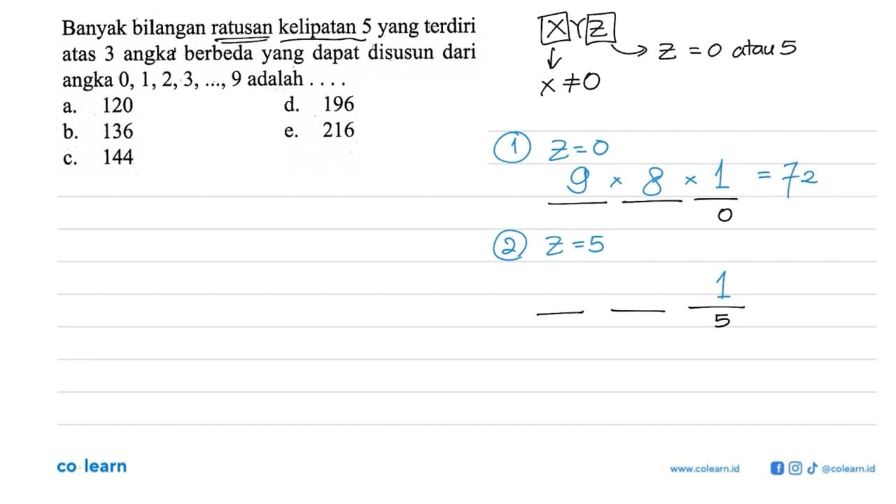 Banyak bilangan ratusan kelipatan 5 yang terdiri atas 3