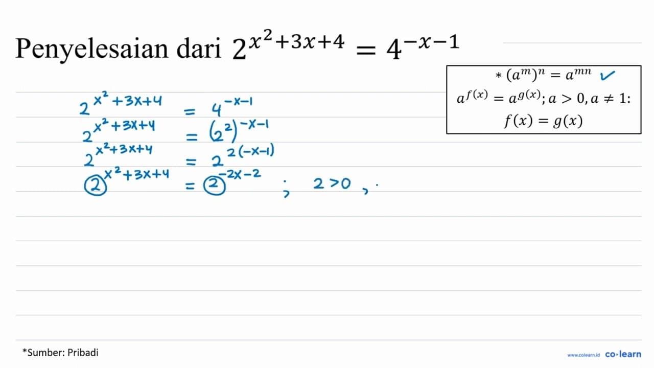 Penyelesaian dari 2^(x^(2))+3 x+4=4^(-x-1)