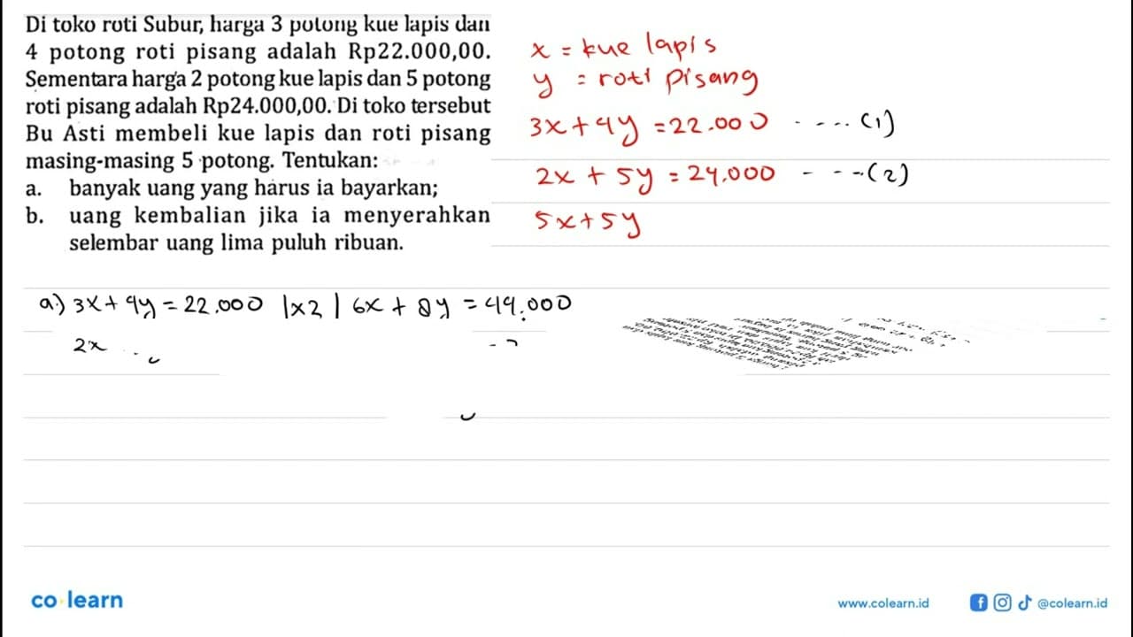 Di toko roti Subur, harga 3 potong kue lapis dan 4 potong