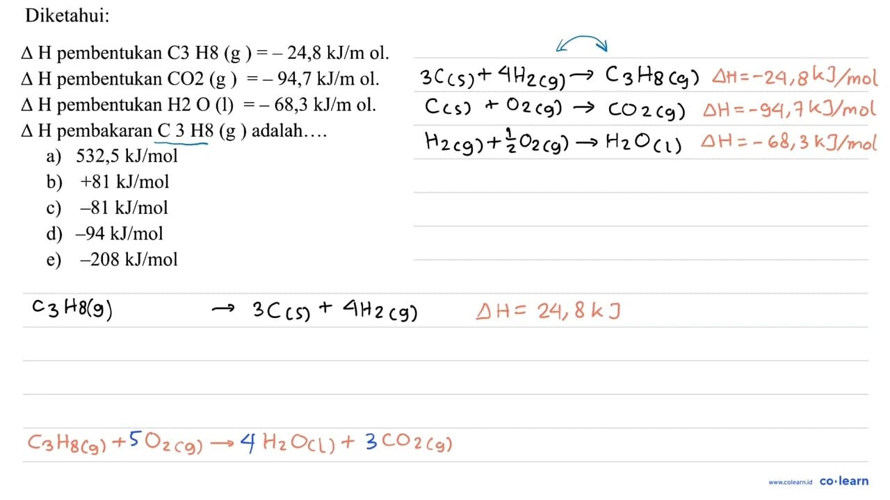 Diketahui: segitiga H pembentukan C3H8(g)=-24,8 kJ/m ol.