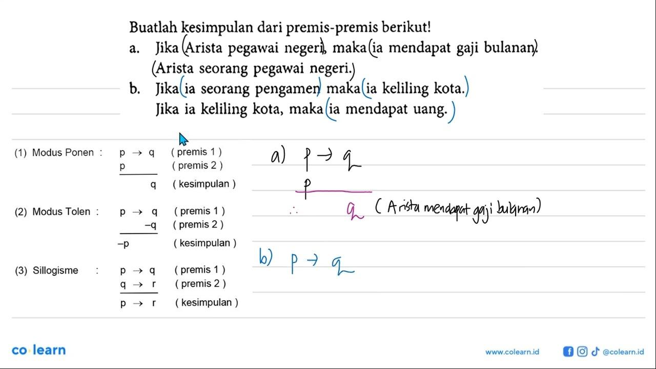 Buatlah kesimpulan dari premis-premis berikut!a. Jika