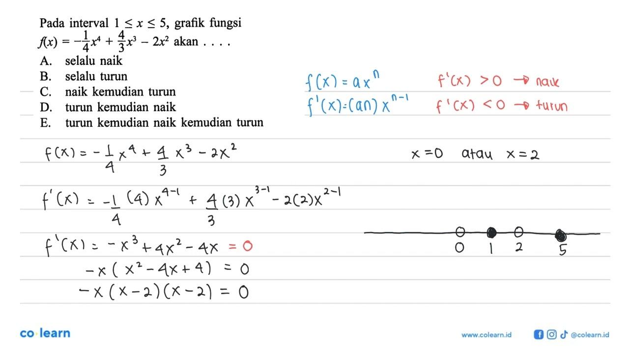 Pada interval 1 <= x <= 5, grafik fungsi f(x) = -1/4x^4 +