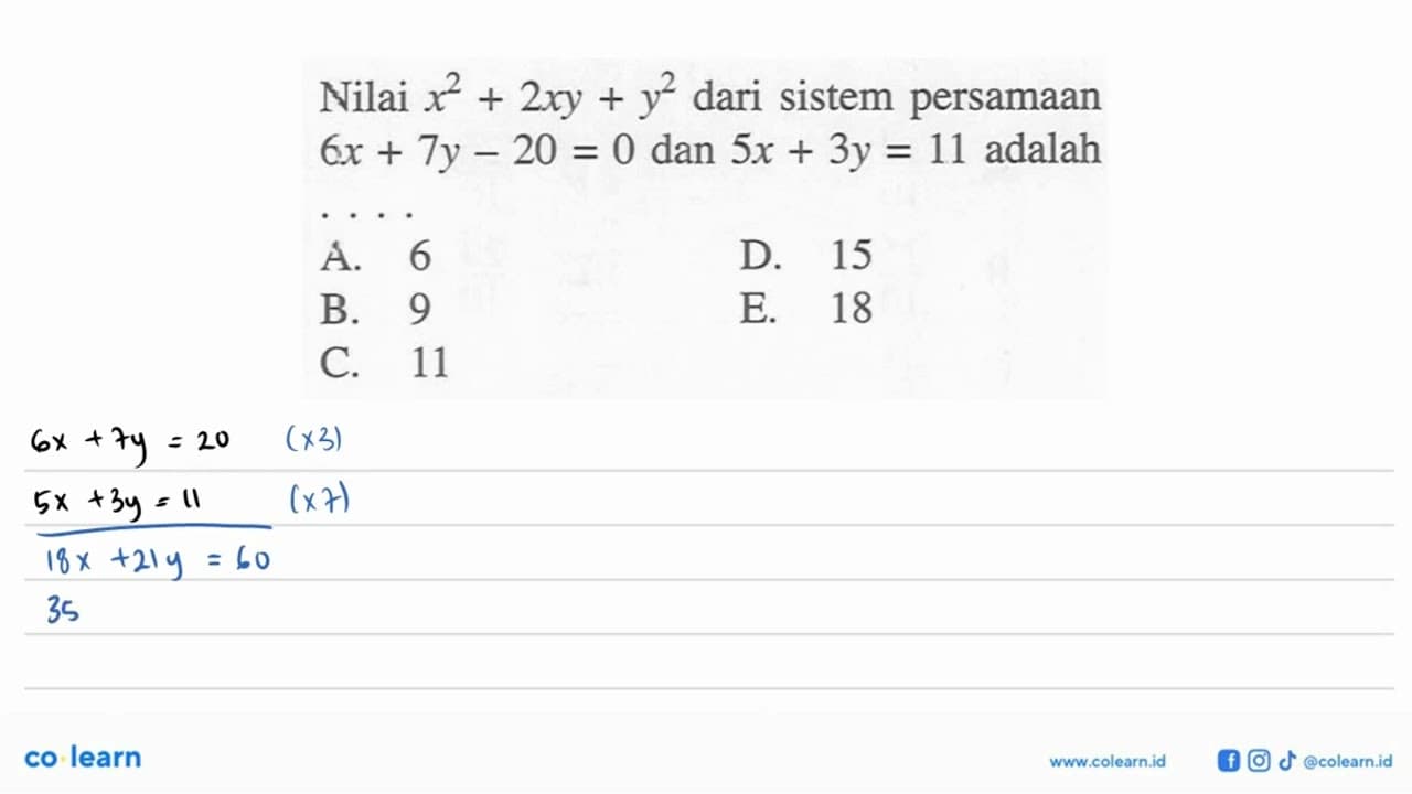 Nilai x^2-2xy-y^2 dari sistem persamaan 6x+7y-20=0 dan