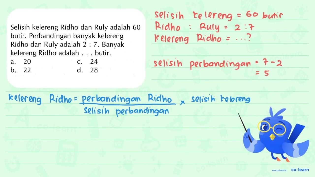 Selisih kelereng Ridho dan Ruly adalah 60 butir.