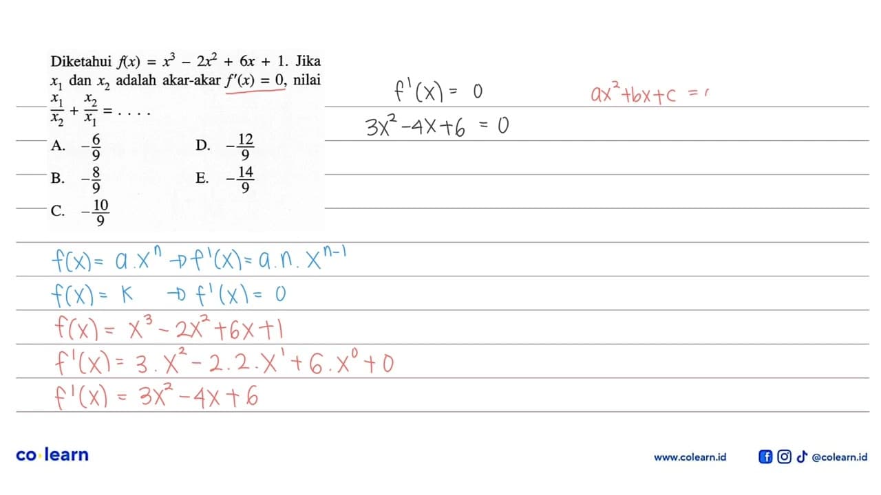 Diketahui f(x)=x^3-2x^2+6x+1. Jika x1 dan x2 adalah