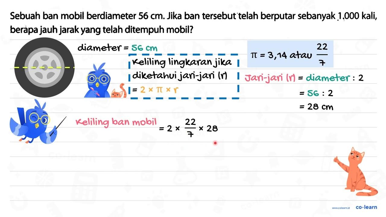 Sebuah ban mobil berdiameter 56 cm . Jika ban tersebut