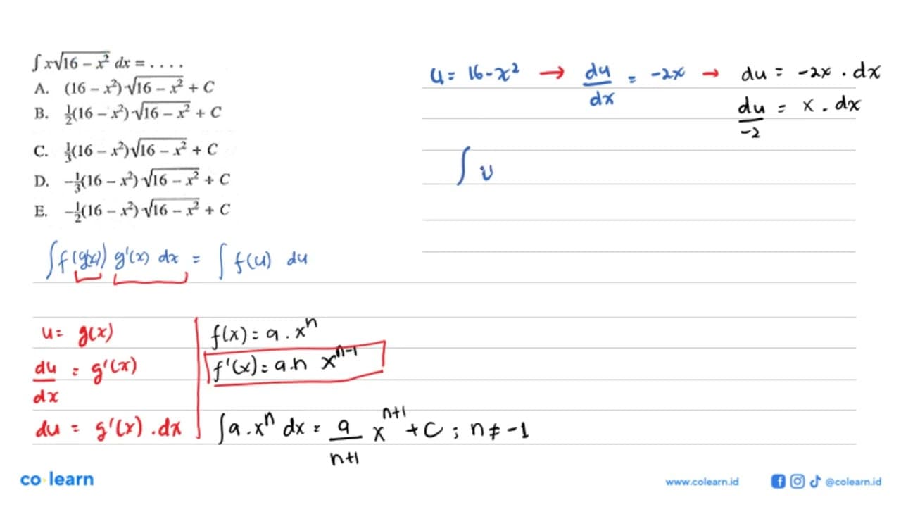 integral x akar(16-x^2) dx=....