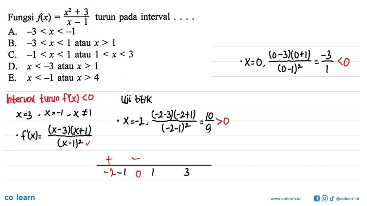 Fungsi f(x)=(x^2+3)/(x-1) turun pada interval....