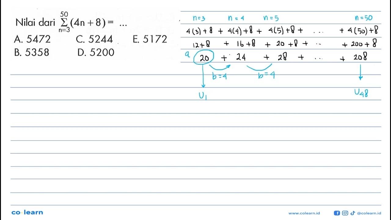 Nilai dari sigma n=3 50 (4n+8)=...