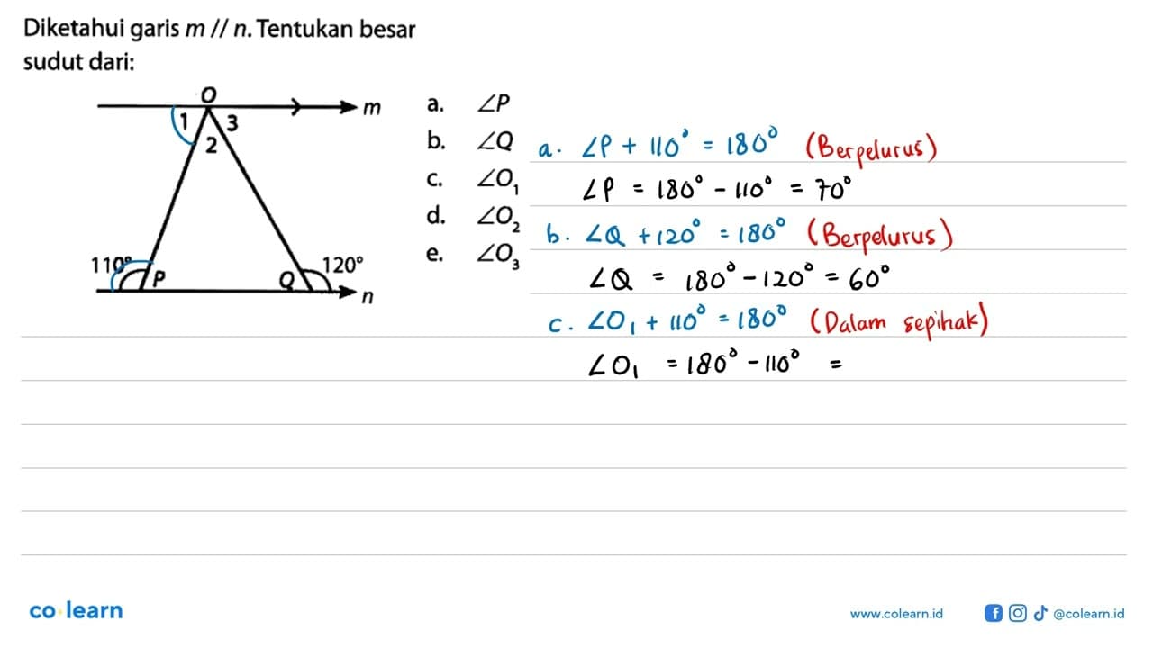 Diketahui garis m sejajar n. Tentukan besar sudut dari: 1 2