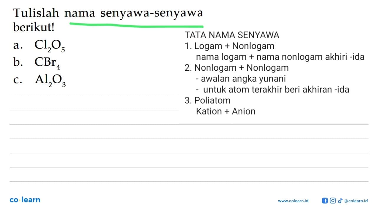 Tulislah nama senyawa-senyawa berikut!a. Cl2O5 b. CBr4 c.