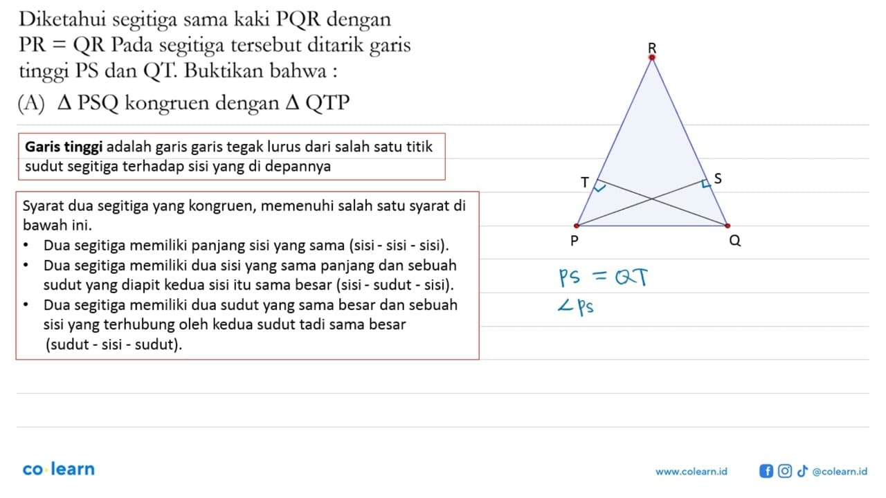 Diketahui segitiga sama kaki PQR dengan PR=QR Pada segitiga