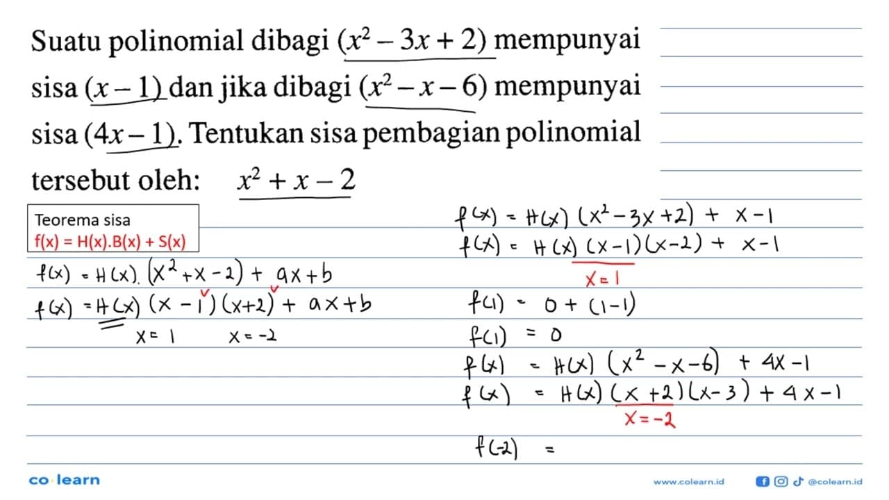 Suatu polinomial dibagi (x^2-3x+2) mempunyai sisa (x-1) dan