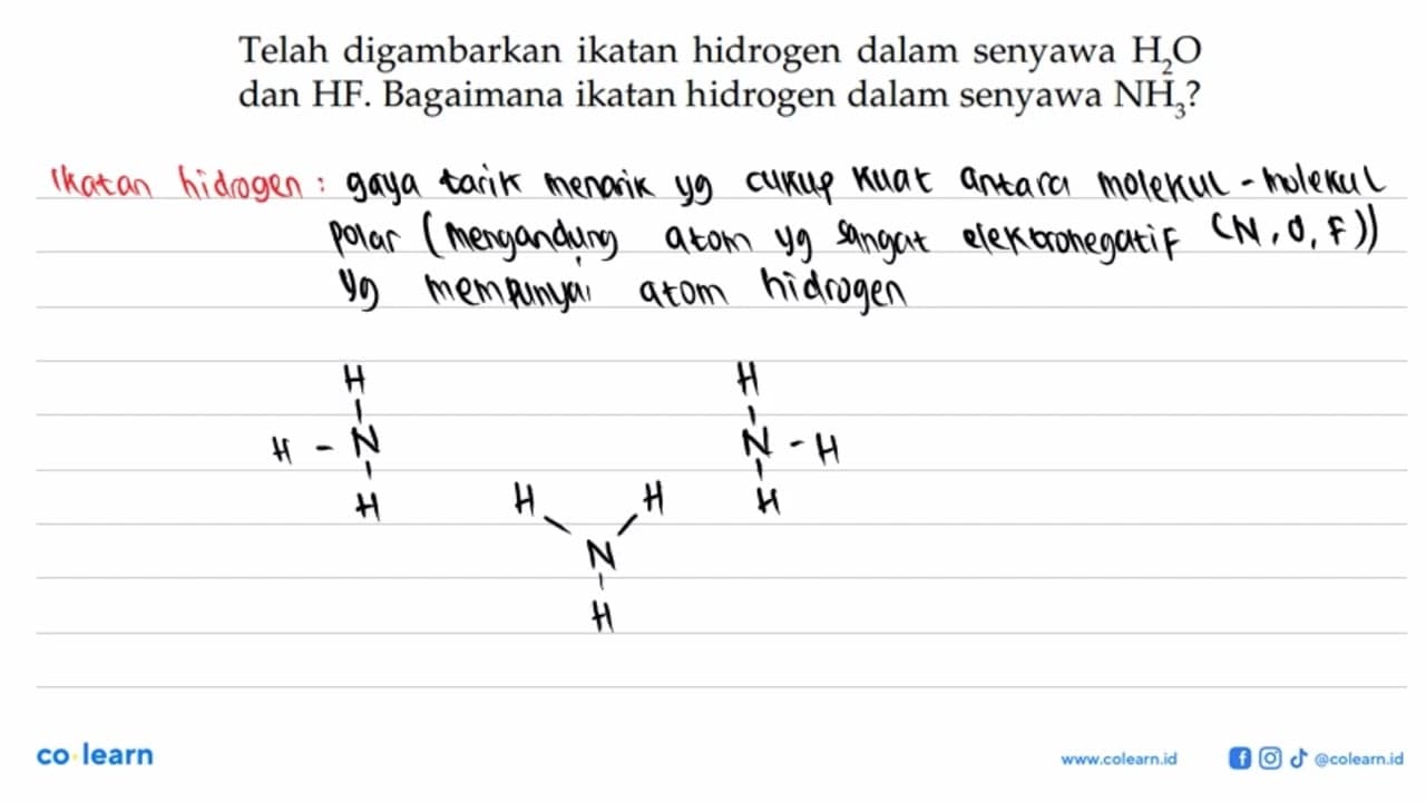 Telah digambarkan ikatan hidrogen dalam senyawa H2O dan HF.