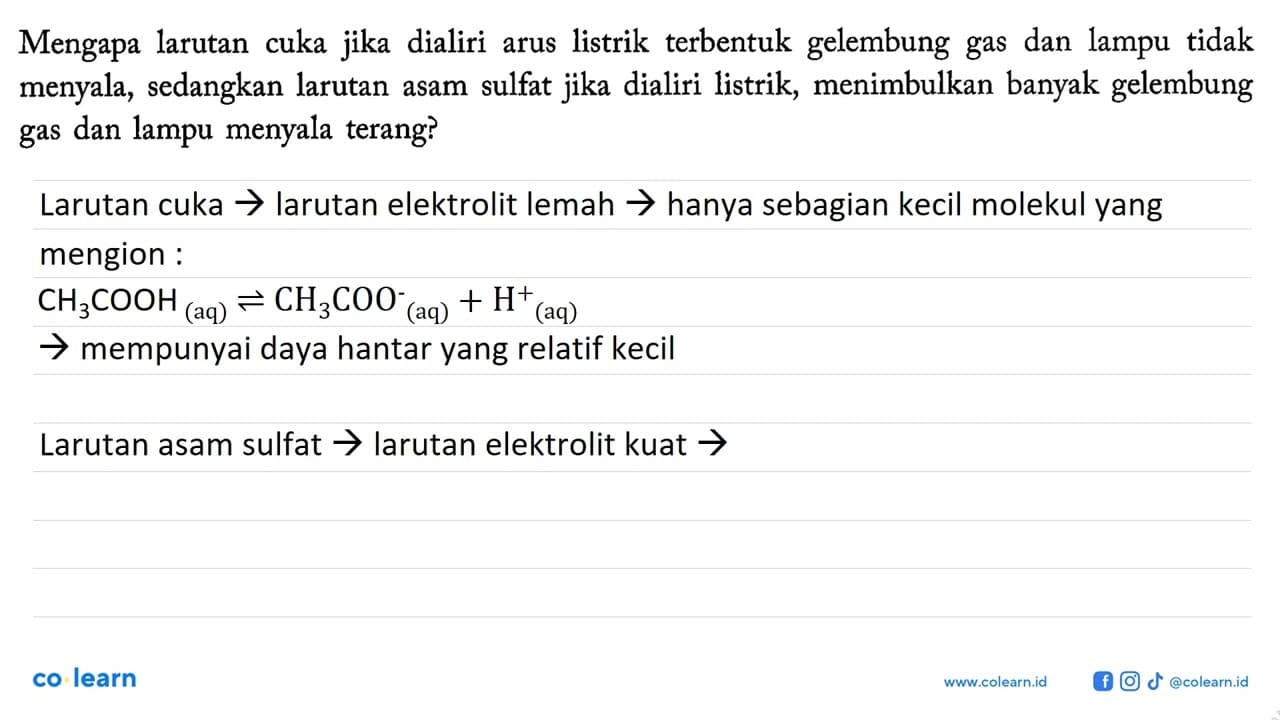 Mengapa larutan cuka jika dialiri arus listrik terbentuk