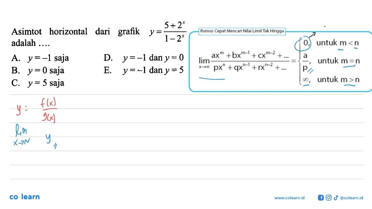 Asimtot horizontal dari grafik y=(5+2^x)/(1-2^x) adalah