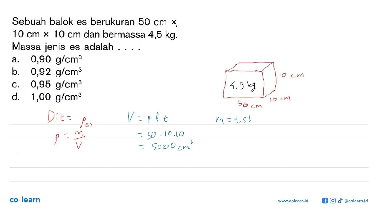 Sebuah balok es berukuran 50 cm x 10 cm x 10 cm dan