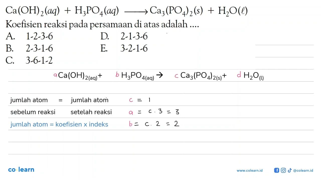 Ca(OH)2(aq) + H3PO4(aq) -> Ca3(PO4)2(s) + H2O(l)Koefisien