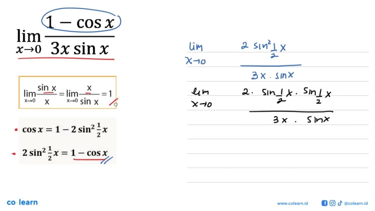 limit x->0 (1-cos x)/(3xsin x)