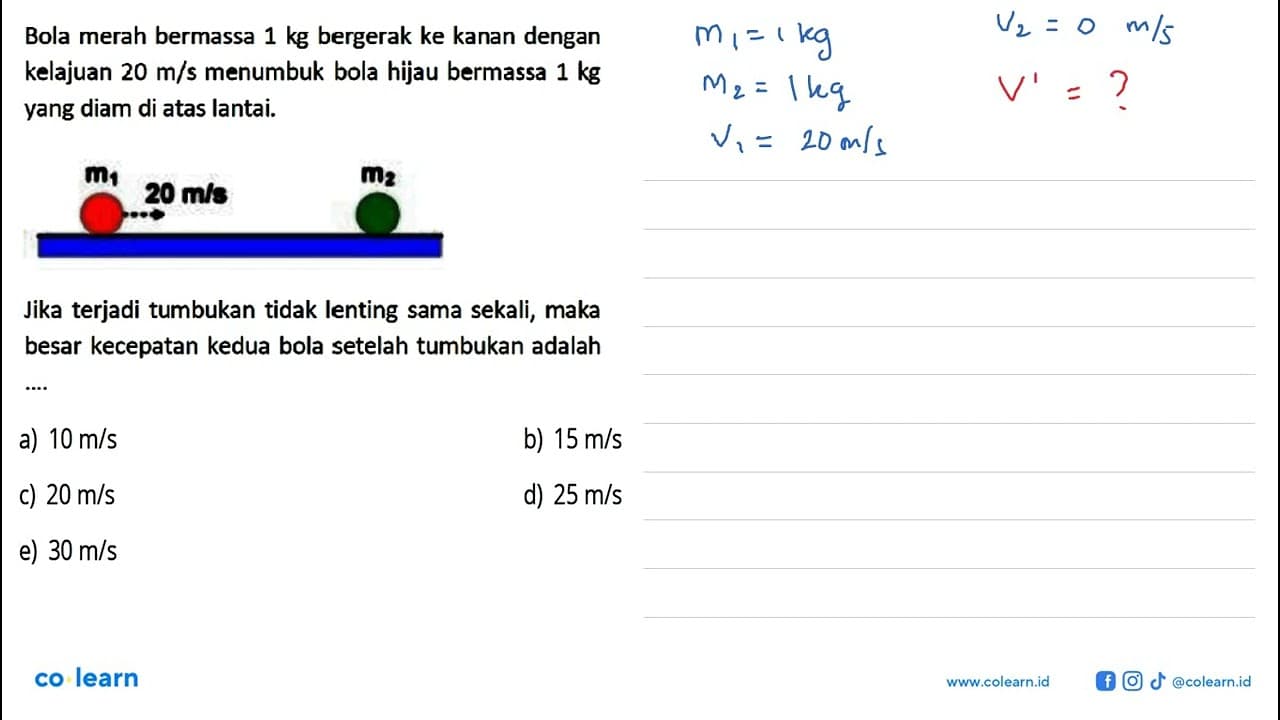 Bola merah bermassa 1 kg bergerak ke kanan dengan kelajuan