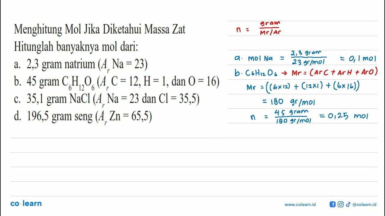 Menghitung Mol Jika Diketahui Massa Zat Hitunglah banyaknya