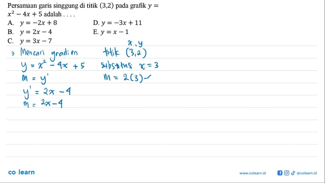 Persamaan garis singgung di titik (3,2) pada grafik