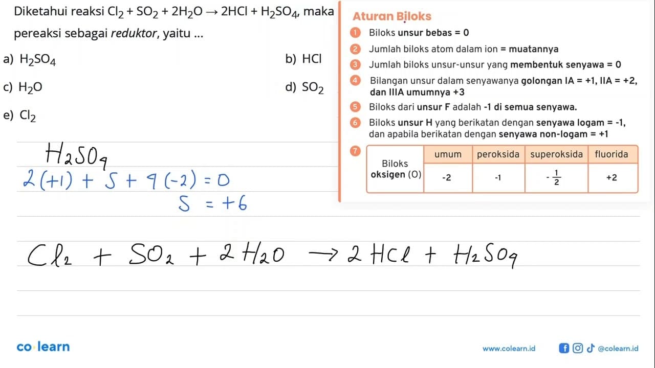 Diketahui reaksi Cl2 + SO2 + 2H2O -> 2HCl + H2SO4, maka