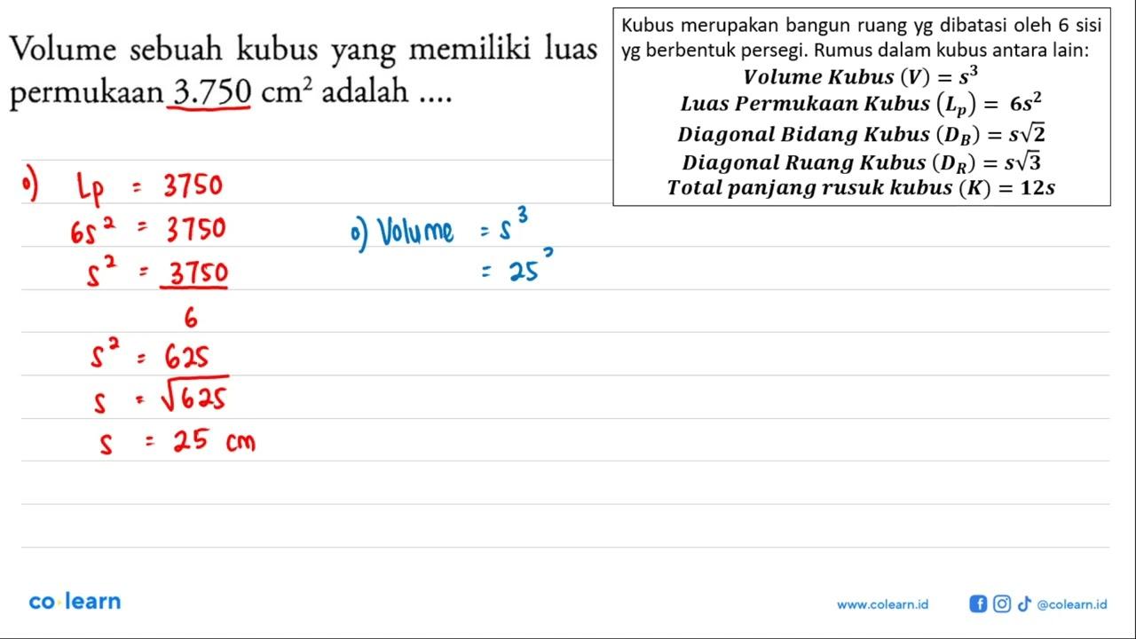 Volume sebuah kubus yang memiliki luas permukaan 3.750 cm^2