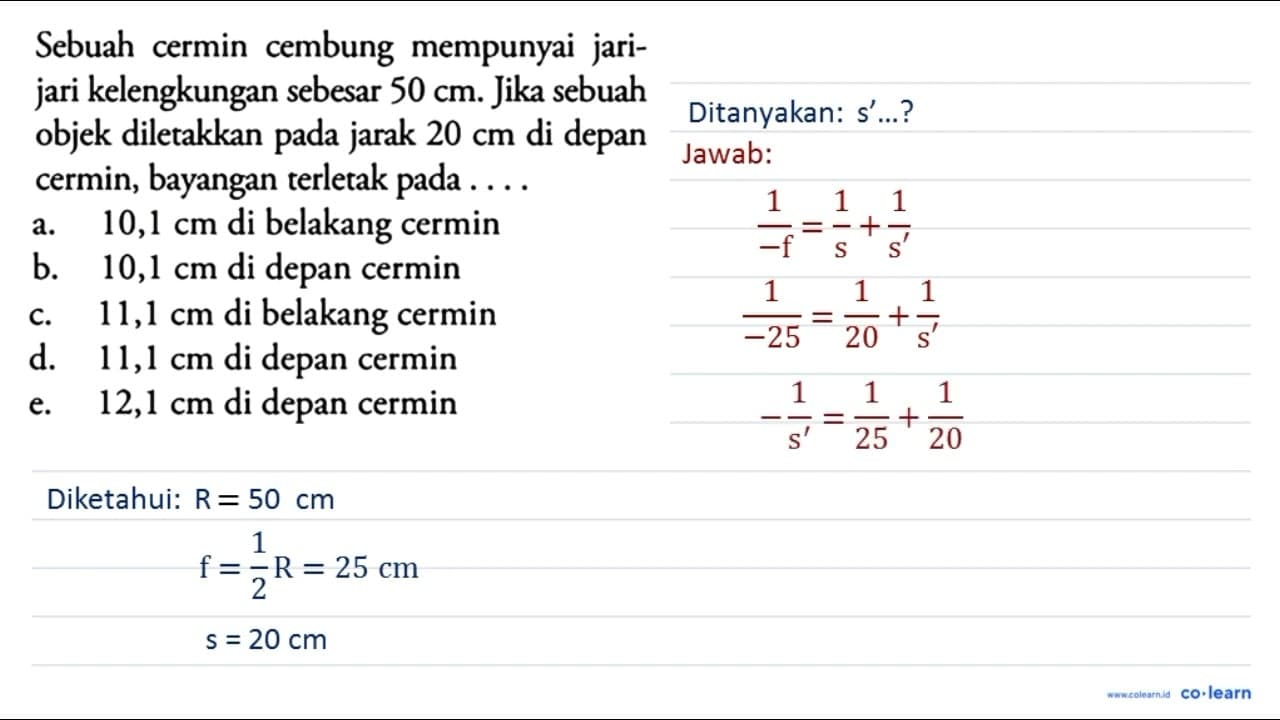 Sebuah cermin cembung mempunyai jarijari kelengkungan