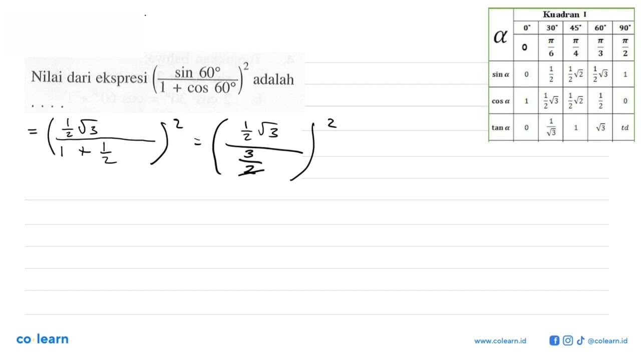 Nilai dari ekspresi (sin 60/(1+cos 60))^2 adalah....