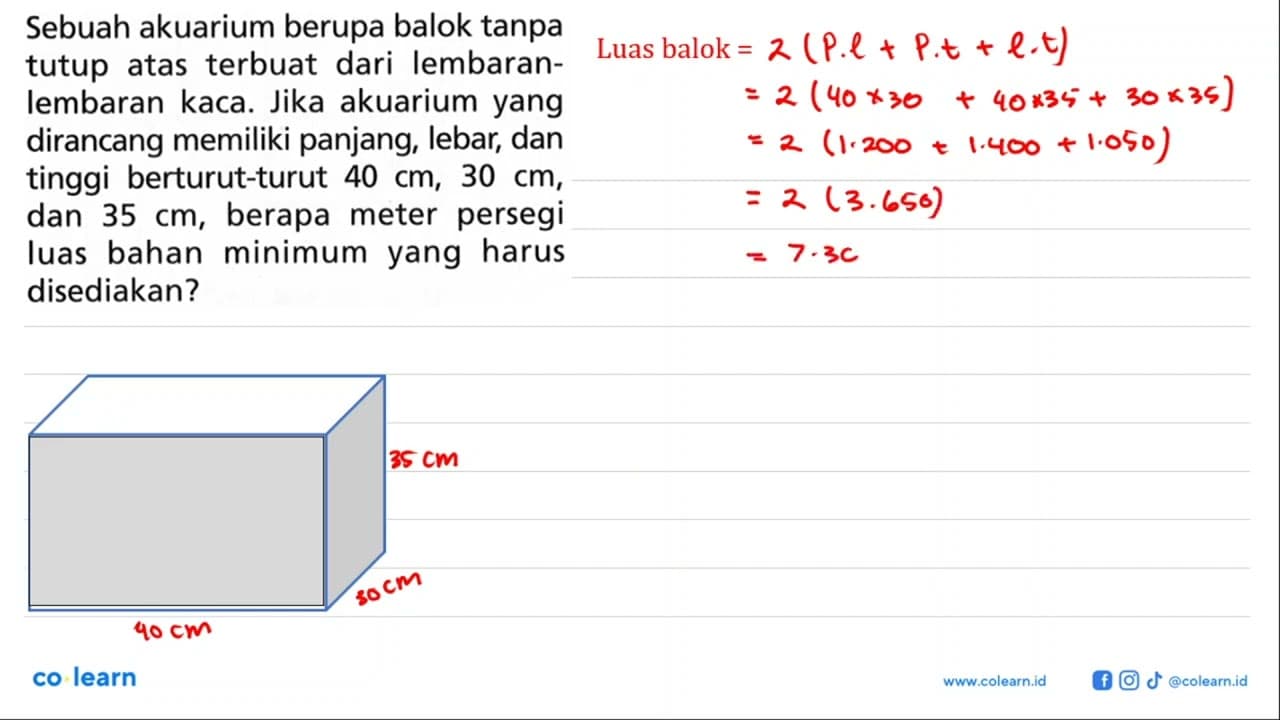 Sebuah akuarium berupa balok tanpa tutup atas terbuat dari