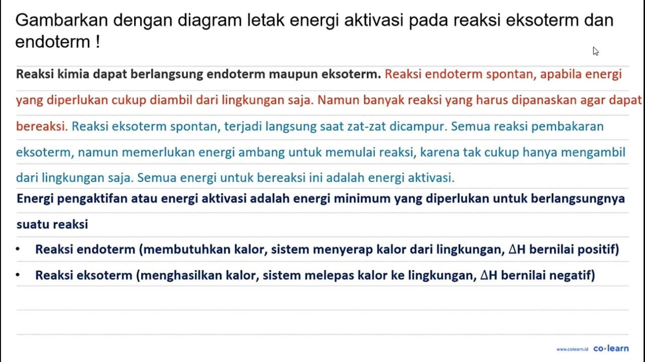 Gambarkan dengan diagram letak energi aktivasi pada reaksi