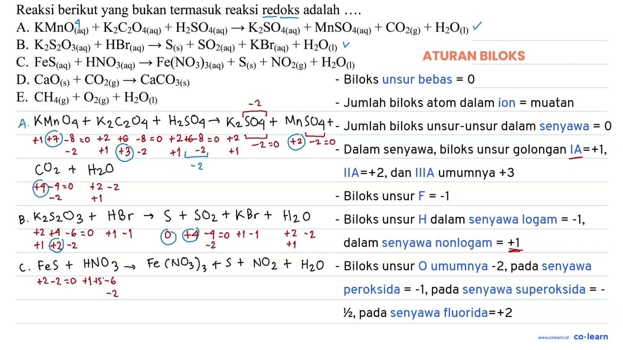 Reaksi berikut yang bukan termasuk reaksi redoks adalah