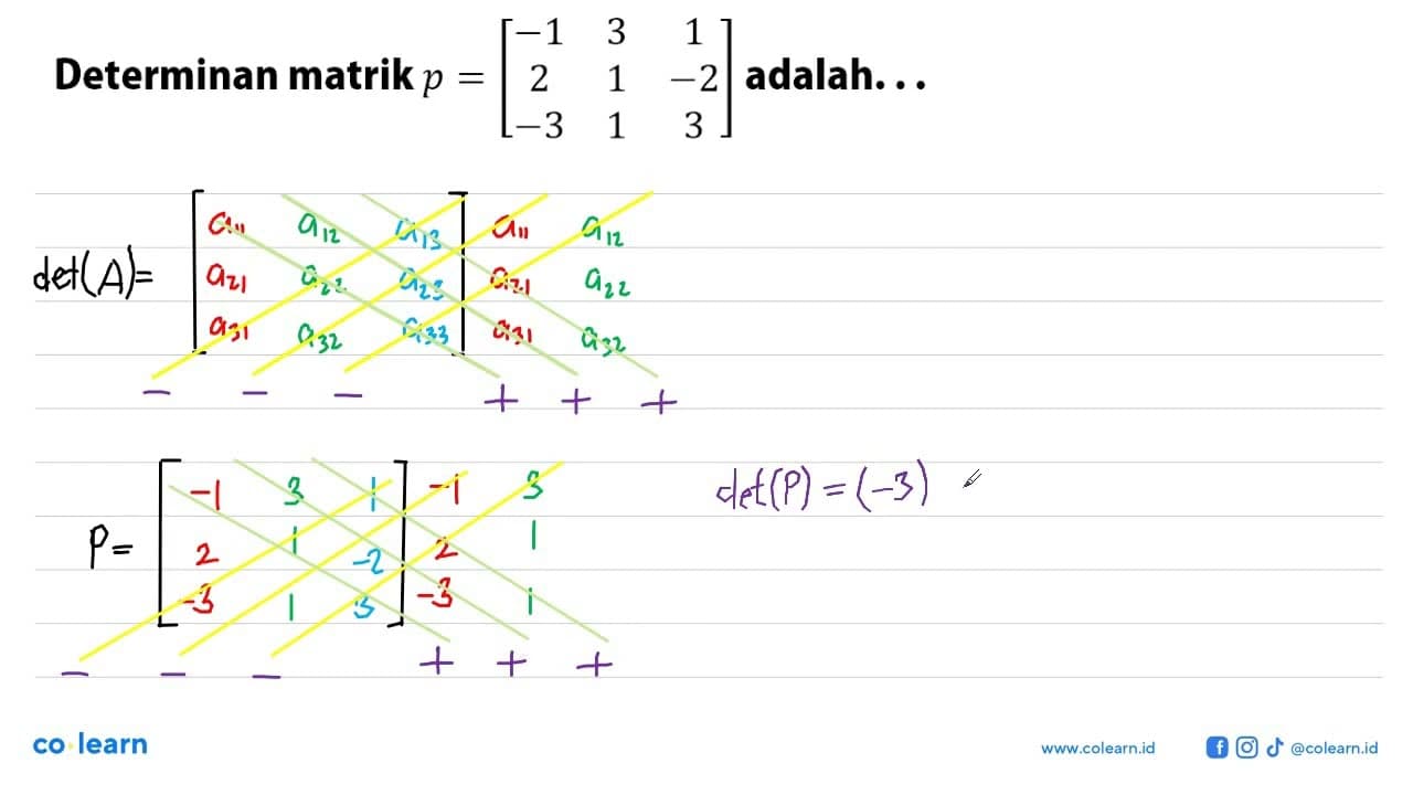 Determinan matrik p=[-1 3 1 2 1 -2 -3 1 3] adalah ...