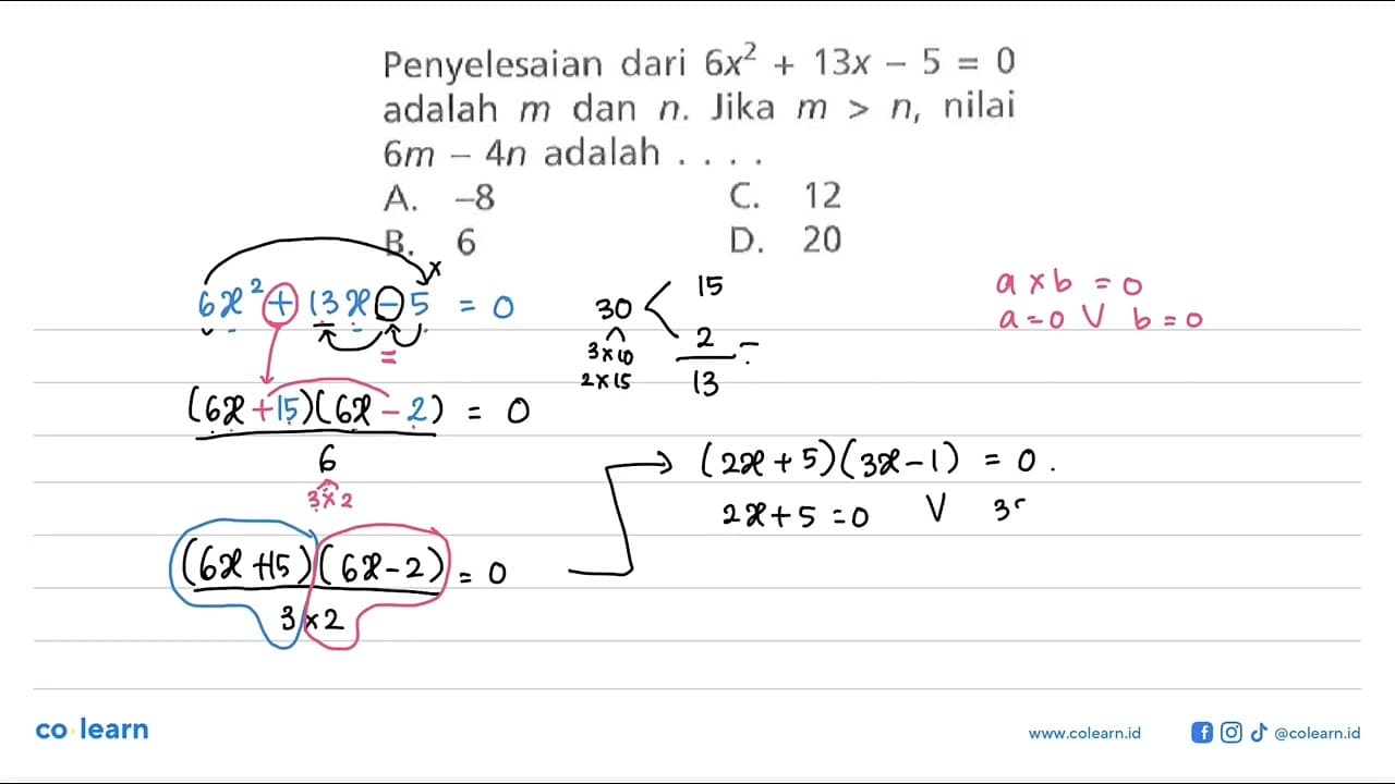 Penyelesaian dari 6x^2 + 13X - 5 adalah m dan n. Jika m >