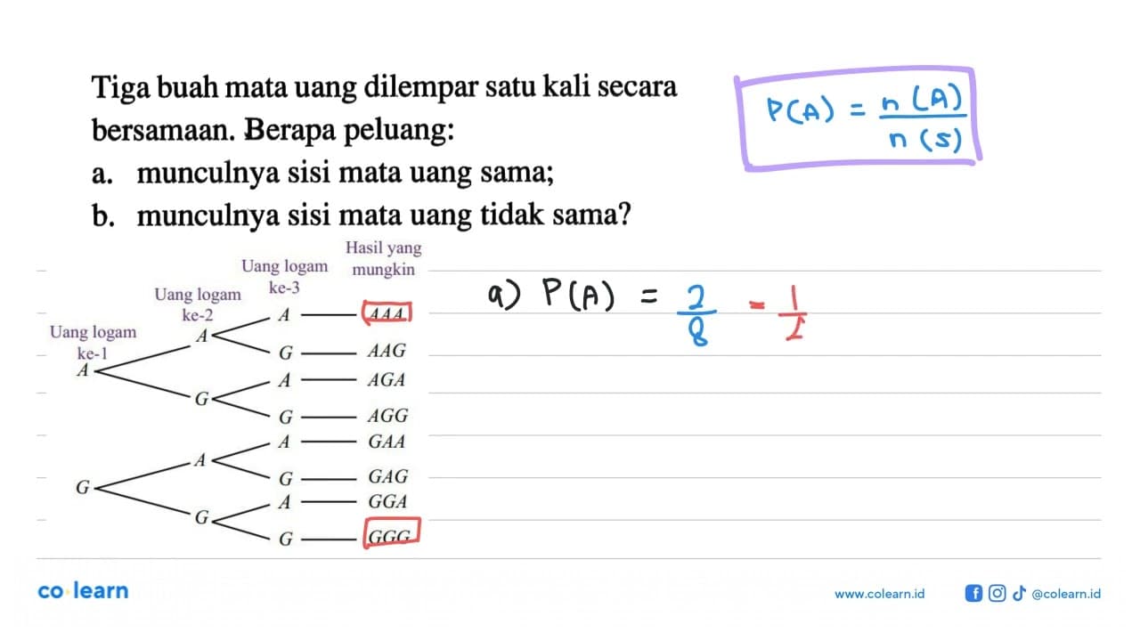 Tiga buah mata uang dilempar satu kali secara bersamaan.