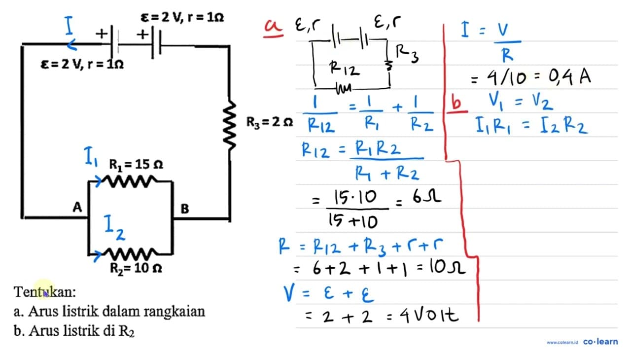 e=2 V, r=3 ohm e=2 V, r=3 ohm R3=2 ohm R1=15 ohm A B R2=10