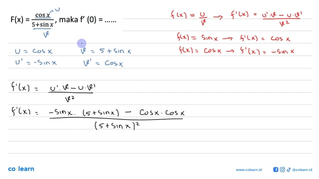 F(x) = (cos x)/(5 + sin x), maka f'(0) =