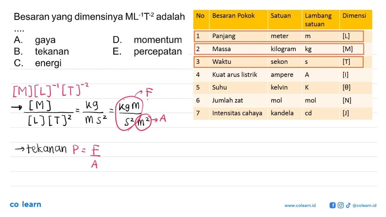 Besaran yang dimensinya ML^(-1)T^(-2) adalah .... A. gaya