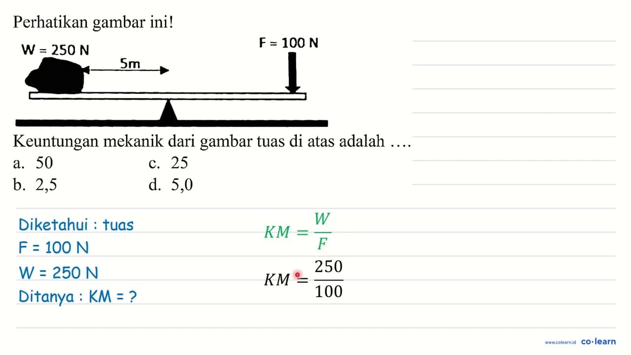 Perhatikan gambar ini! Keuntungan mekanik dari gambar tuas