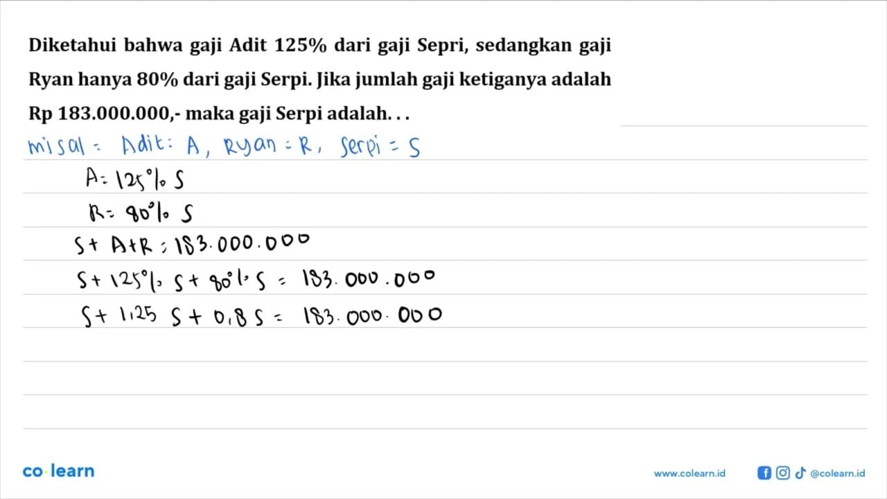 Diketahui bahwa gaji Adit 125% dari gaji Sepri, sedangkan