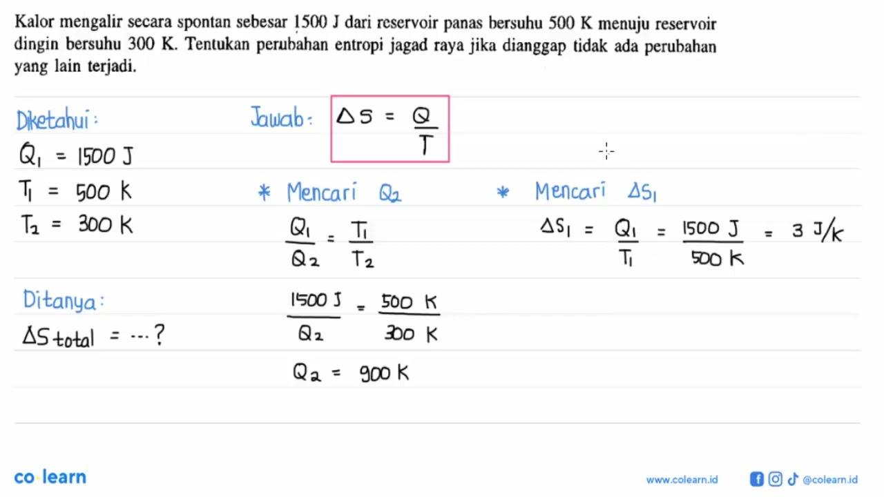 Kalor mengalir secara spontan sebesar 1500 J dari reservoir