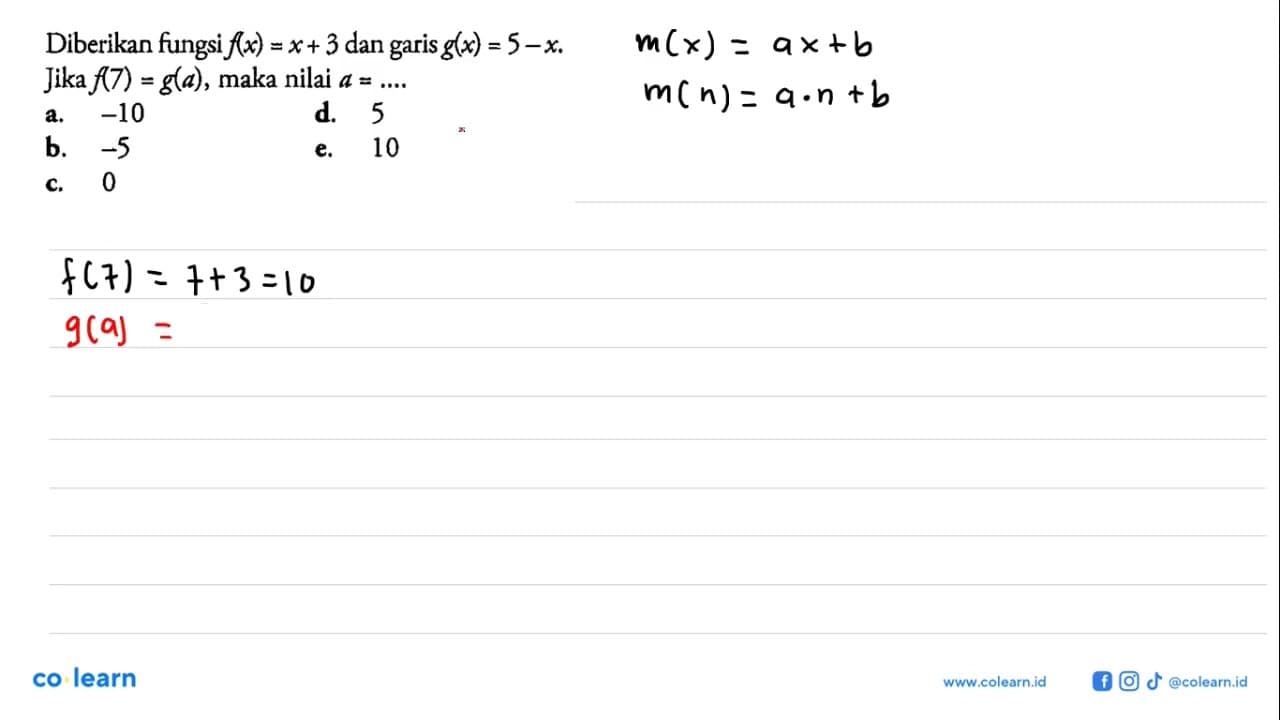 Diberikan fungsi f(x)=x+3 dan garis g(x)=5-x. Jika