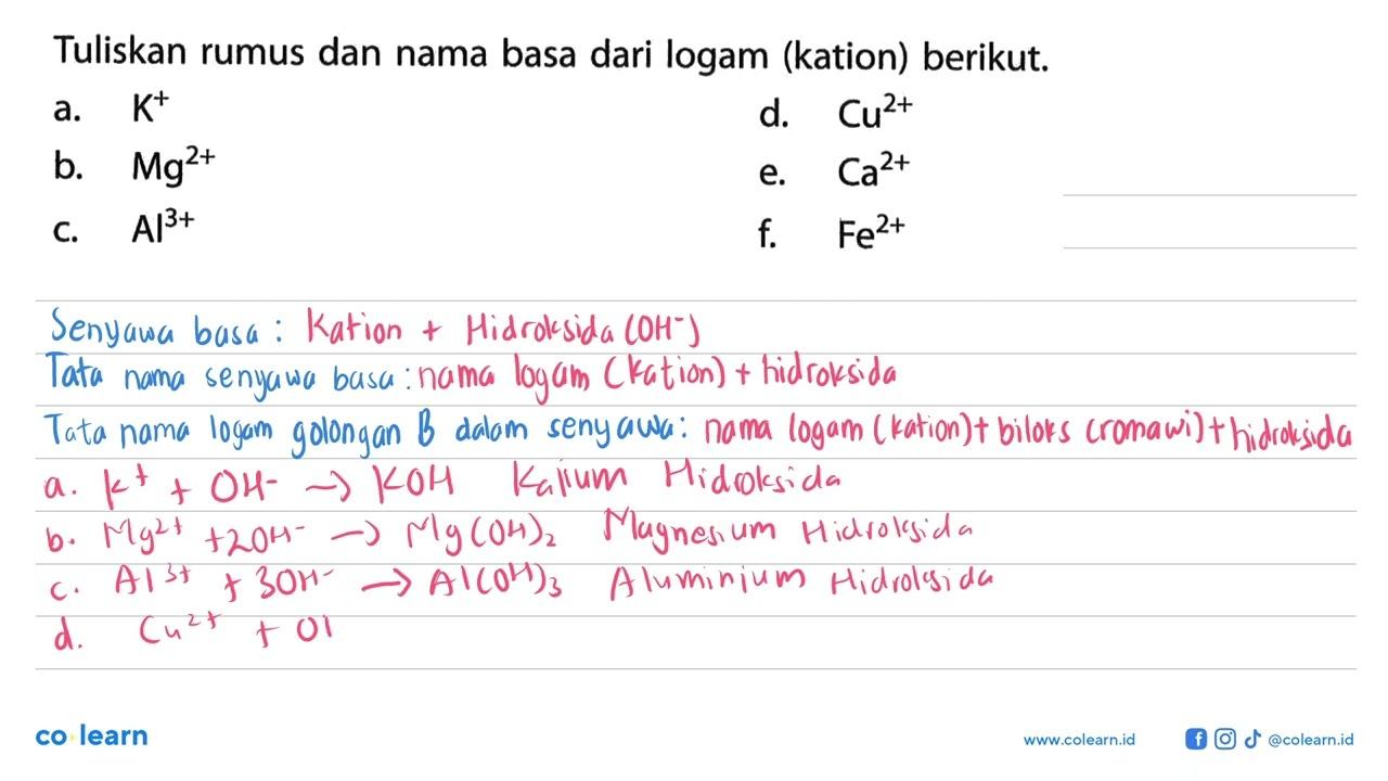 Tuliskan rumus dan nama basa dari logam (kation) berikut.