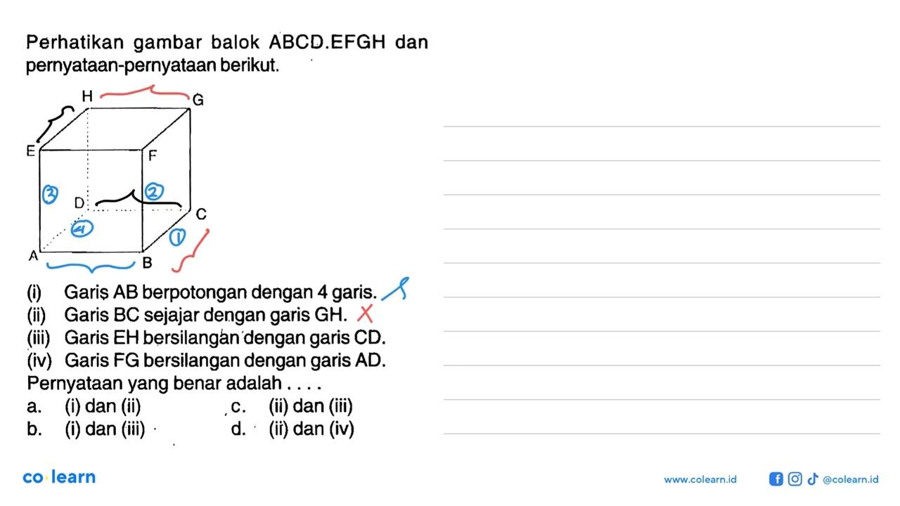 Perhatikan gambar balok ABCD.EFGH dan pernyataan-pernyataan