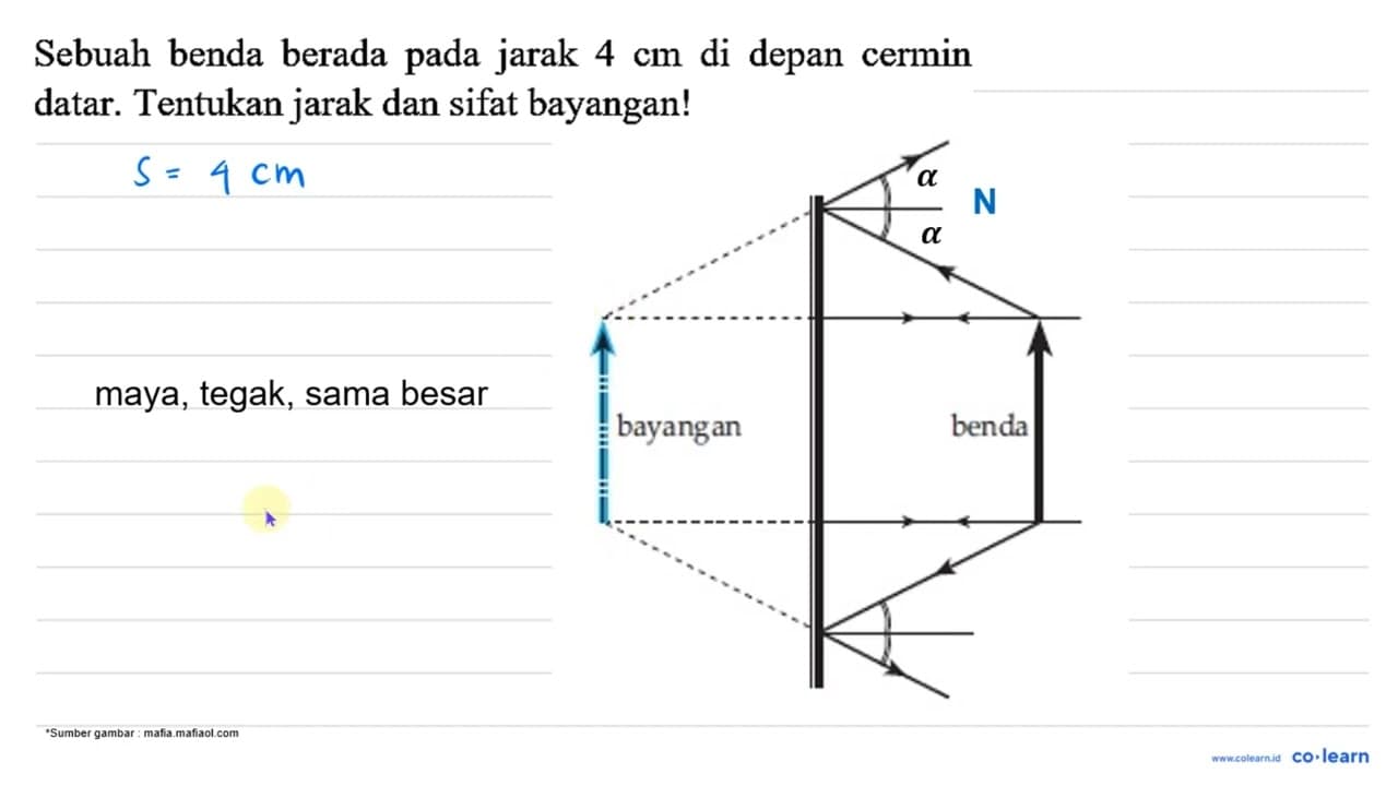 Sebuah benda berada pada jarak 4 cm di depan cermin datar.