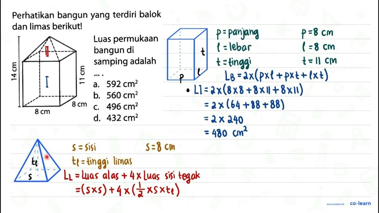 Perhatikan bangun yang terdiri balok dan limas berikut!