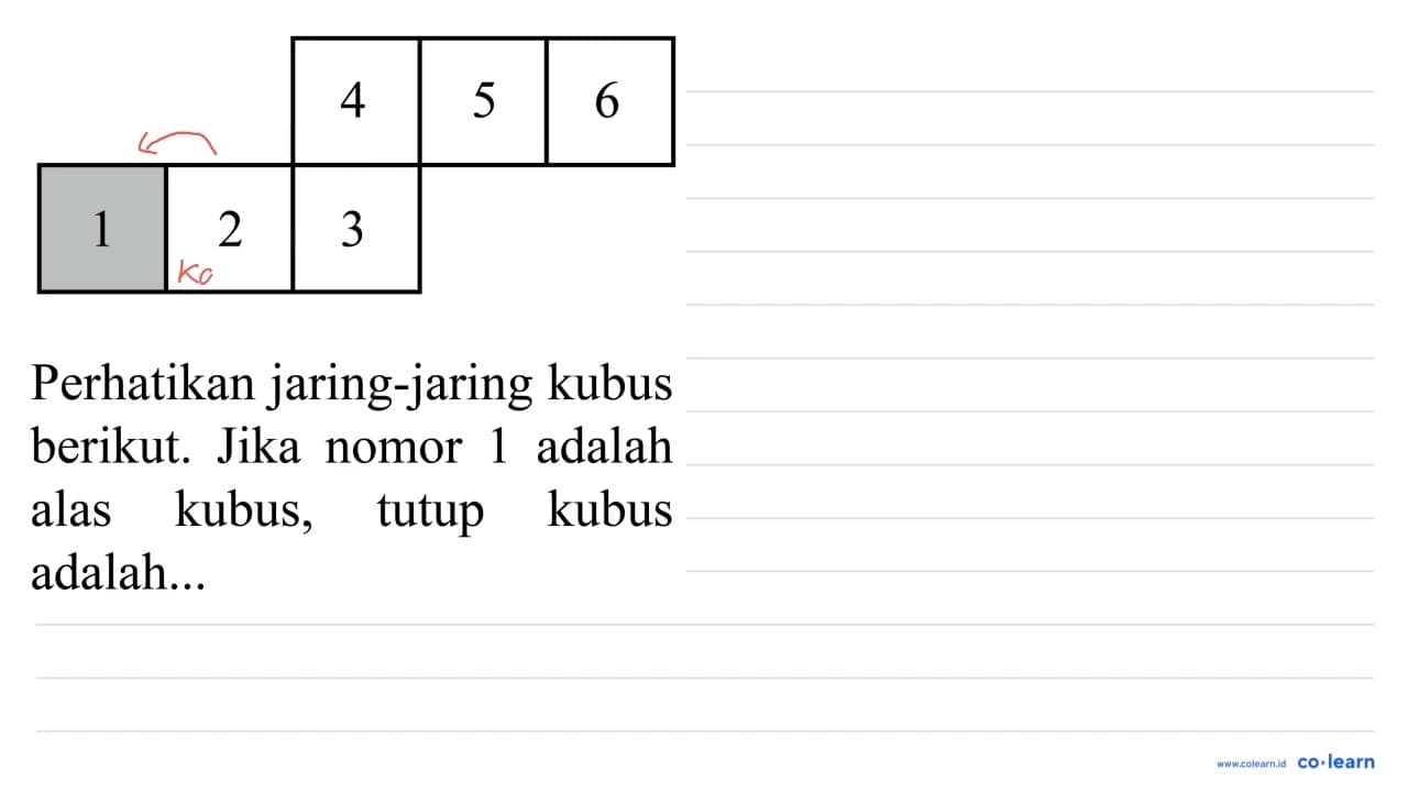 4 5 6 1 2 3 Perhatikan jaring-jaring kubus berikut. Jika