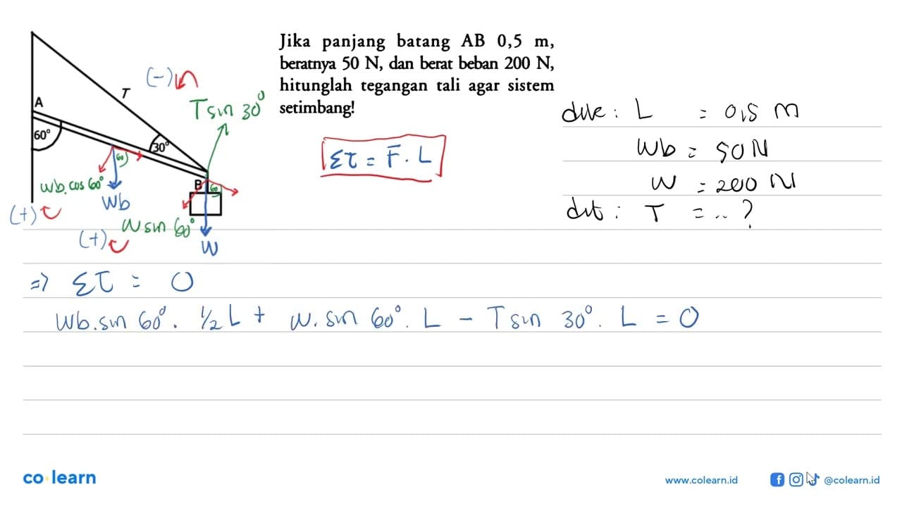 Jika panjang batang AB 0,5 m, beratnya 50 N, dan berat